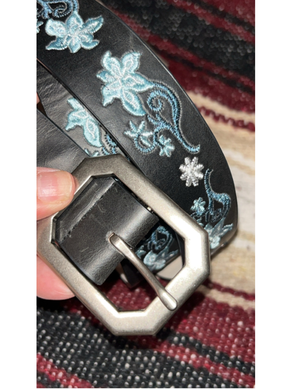 Women's Unbranded Floral Embroidered Belt, Black and Blue, One Size
